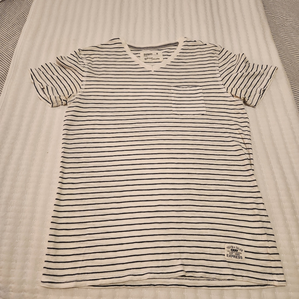 Express Men's Navy Stripped V-neck on White Slub Tee, Medium